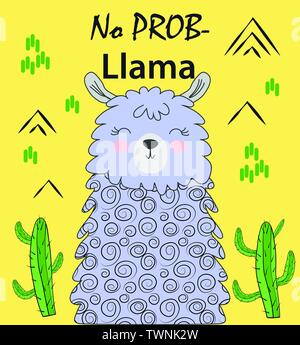 Motivation lettering with No drama llama. Chilling funny doodle alpaca or peru symbol lama with cactus. Stock Vector