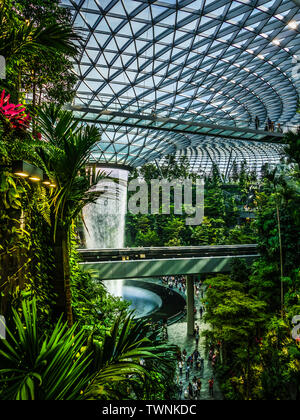 Singapore - Jun 11,  2019: HSBC Rain Vortex. Jewel Changi Airport is a mixed-use development at Changi Airport in Singapore, opened in April 2019. Stock Photo