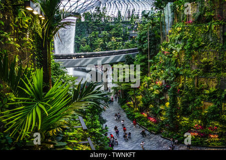 Singapore - Jun 11,  2019: HSBC Rain Vortex. Jewel Changi Airport is a mixed-use development at Changi Airport in Singapore, opened in April 2019. Stock Photo