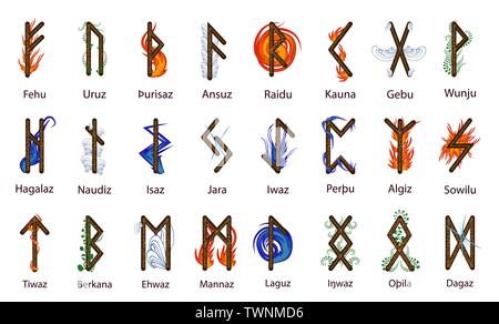 A large set of Scandinavian runes, decorated according to the elements of Fire, Water, Earth, Air and Time Stock Vector