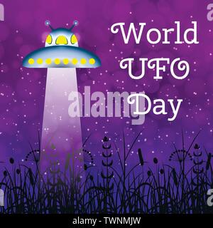 World UFO Day. Flying saucer over the meadow shines a beam. Vector illustration. Stock Vector