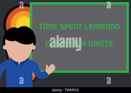 Text sign showing Time Spent Learning Is Never A Waste. Business photo showcasing education has no end Keep learning Young man standing in front white Stock Photo