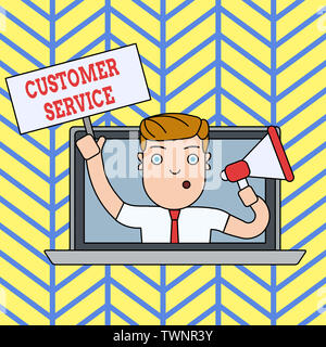 Handwriting text writing Customer Service. Conceptual photo process of ensuring client satisfaction with product Man Speaking Through Laptop Screen in Stock Photo
