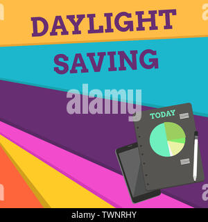 Handwriting text Daylight Saving. Conceptual photo Storage technologies that can be used to protect data Layout Smartphone Off Ballpoint Pen RingBound Stock Photo
