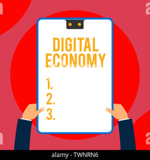 Text sign showing Digital Economy. Business photo text worldwide network of economic activities and technologies Two executive male hands holding elec Stock Photo