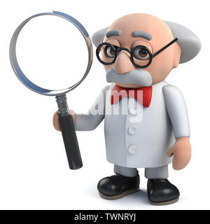 Render of a 3d mad scientist character holding a magnifying glass Stock Photo