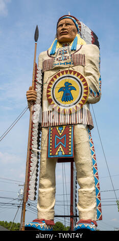 Portland, Maine, USA - 31st August 2014: Native American statue of a chief in full traditional costume, by the roadside in Portland, Maine, USA Stock Photo