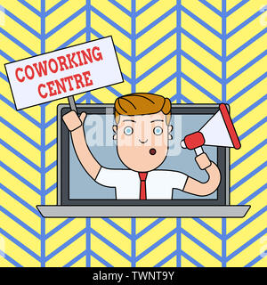 Handwriting text writing Coworking Centre. Conceptual photo shared workplace often office and independent activity Man Speaking Through Laptop Screen Stock Photo