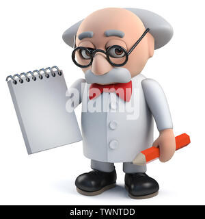 Render of a 3d mad scientist character holding a notepad and pencil Stock Photo