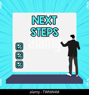 Conceptual hand writing showing Next Steps. Concept meaning something you do or plan after you ve finished something else Woman watching blank big rec Stock Photo