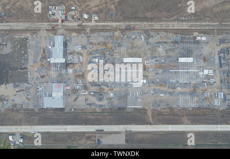 Beijing, China. 3rd Apr, 2019. Aerial photo taken on April 3, 2019 shows the construction site of Tesla's new gigafactory in Shanghai, east China. Credit: Ding Ting/Xinhua/Alamy Live News Stock Photo