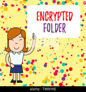 Handwriting text writing Encrypted Folder. Conceptual photo protect confidential data from attackers with access Woman Standing with Raised Left Index Stock Photo
