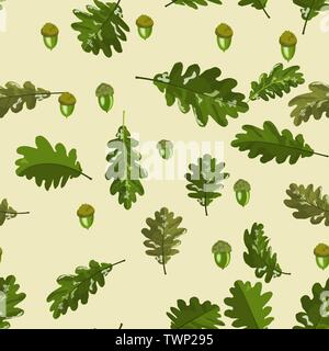 Oak leaf and acorn seamless pattern on soft beige background wallpaper Stock Vector