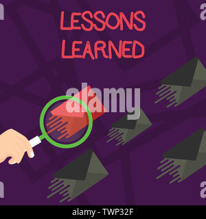 Writing note showing Lessons Learned. Business concept for the knowledge or understanding gained by experience Magnifying Glass on Color Envelope and Stock Photo