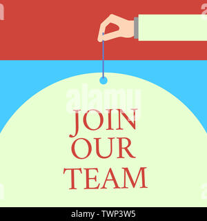 Word writing text Join Our Team. Business photo showcasing inviting someone to join in your local group or company Male hand arm needle punching big h Stock Photo