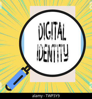 Writing note showing Digital Identity. Business concept for information on entity used by computer to represent agent Big magnifier glass looking vert Stock Photo
