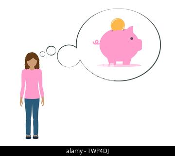 girl is thinking about saving money in a piggy bank vector illustration EPS10 Stock Vector