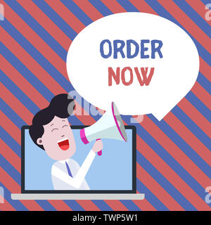 Handwriting text writing Order Now. Conceptual photo the activity of asking for goods or services from a company Man Speaking Through Laptop into Loud Stock Photo