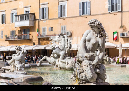 Sculpture of Nereid or marine nymph. Detail of The Fountain of Neptune (Italian: Fontana del Nettuno) in Navona Square, Rome, Italy.