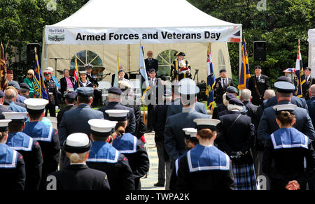Sheffield, South Yorkshire, UK. 22nd June 2019. The Sheffield Armed Forces & Veterans Day, with a veterans parade and displays. Credit: Alamy Live News Stock Photo