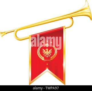 Antique royal horn - trumpet with triumphant flag, triumph concept Stock Vector