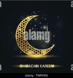 Islamic crescent and silhouette of mosque - Ramadan Kareem greeting card Stock Vector