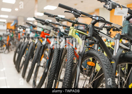 Rows of mountain bicycles in sports 