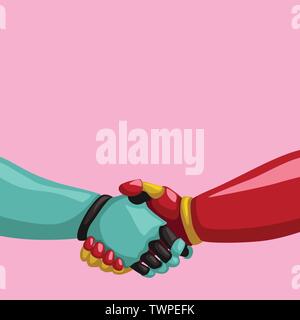 cyborgs handshaking on pink background Stock Vector