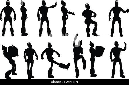 robot silhouettes set in different poses Stock Vector