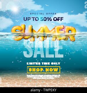 Summer Sale Design with 3d Typography Letter in underwater blue ocean background. Vector Special Offer Illustration with Deep Sea Scene and Holiday Stock Vector