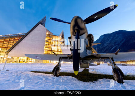 The Aermacchi 205 airplane and the Science Museum MUSE in Trento. Trentino Alto-Adige, Italy, Europe. Stock Photo