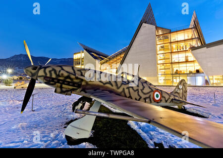 The Aermacchi 205 airplane and the Science Museum MUSE in Trento. Trentino Alto-Adige, Italy, Europe. Stock Photo