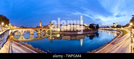 Verona: the Pietra bridge and the Cathedral of Santa Maria Matricolare reflected in Adige River. Verona, Veneto, Italy, Europe. Stock Photo