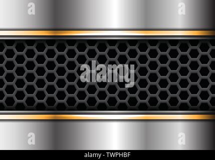 Abstract silver plat golden line overlap on hexagon mesh design modern futuristic background vector illustration. Stock Vector