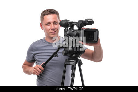 Video camera operator isolated on a white background. Stock Photo