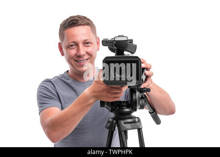 Video camera operator isolated on a white background. Stock Photo