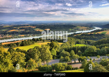 Panorama of Danube River Valley near Melk from Maria Taferl Basilica hill, Austria Stock Photo