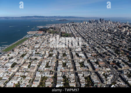 Afternoon aerial view of Marina District streets, homes and buildings in San Francisco, California. Stock Photo