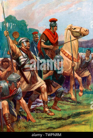 Julius Caesar crossing the Rubicon. Gaius Julius Caesar (100 BC-44 BC) was a Roman general, statesman and Consul. Caesar crossed the Rubicon with his legion as a mark of defiance in 49 BC. Leaving his province he illegally entered Roman territory under arms. This led to civil war, which saw him emerge as the unrivaled leader of Rome. Stock Photo