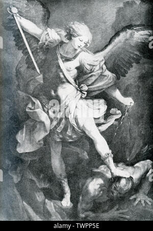 This painting is titled “St Michael Archangel” and shows the Christian saint Michael trampling a dragon. It was painted by the italian artist Guido Reni in 1636, at the request of Pope Urban VIII for the Church of Santa Maria della Concezione del Cappuccini in Rome. Stock Photo