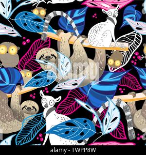 Seamless bright vector tropical pattern of lemurs and sloths among the leaves and berries. Template for fabric, poster or web page. Stock Vector