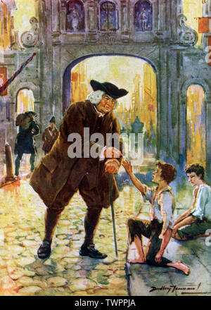 Dr Johnson giving money to impoverished children by Temple Bar Gate, London. By Dudley Tennant (1867-1952). Samuel Johnson (1709-1784), often referred to as Dr Johnson, was an English writer who made lasting contributions to English literature as a poet, playwright, essayist, moralist, literary critic, biographer, editor and lexicographer. Stock Photo