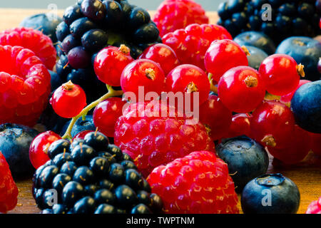 A close up of berries: raspberries, blackberries, blueberries, red currants. Wonderful vivid colors Stock Photo