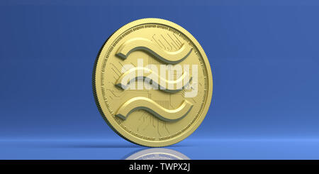 Libra gold coin logo, digital cryptocurrency, isolated against blue color background. 3d illustration Stock Photo