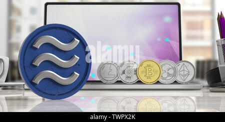Libra and rest cryptocurrency. Gold Libra and cryptocurrency coins, on a computer laptop. 3d illustration Stock Photo