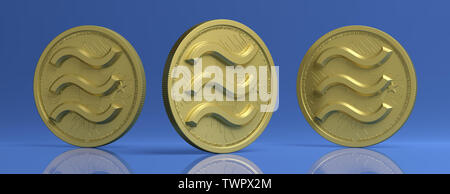 Libra gold coin logo, digital cryptocurrency, against blue color background, banner. 3d illustration Stock Photo