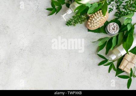 Natural cosmetics and green leaves on white stone background, copy space. Natural organic skincare, bio research and healthy lifestyle concept. Stock Photo