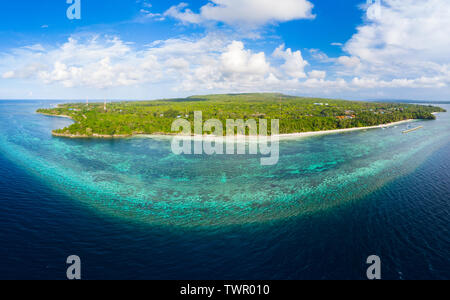 Aerial view tropical beach island reef caribbean sea. Indonesia Wakatobi archipelago, Tomia Island, marine national park. Top travel tourist destinati Stock Photo