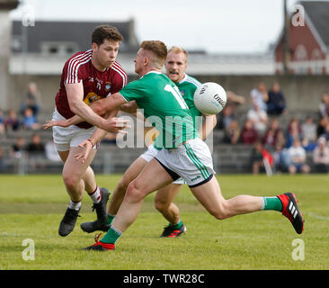 TEG Cusack Park, Westmeath, Ireland. 22nd June, 2019. GAA Football All-Ireland Senior Championship Westmeath versus Limerick; Callum McCormack (Westmeath) and Michael Fitzgibbon (Limerick) challenge for the ball Credit: Action Plus Sports/Alamy Live News Stock Photo