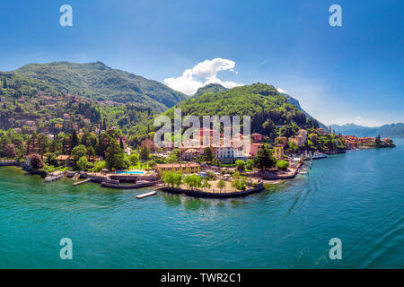 Varenna village on Lake Como surrounded by mountains in the Province of Lecco in the Italian region Lombardy, Italy, Europe. Stock Photo